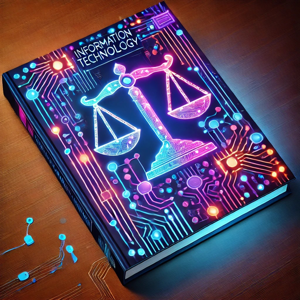 DALL·E 2025-02-14 17.15.37 - A futuristic book cover design representing Information Technology Law. The image features a bright and vibrant color palette, including neon blues, p