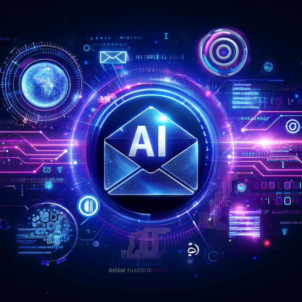 DALL·E 2025-02-24 16.56.35 - An abstract AI-themed email icon glowing in blue and purple, surrounded by digital elements such as binary code, futuristic notifications, and hologra